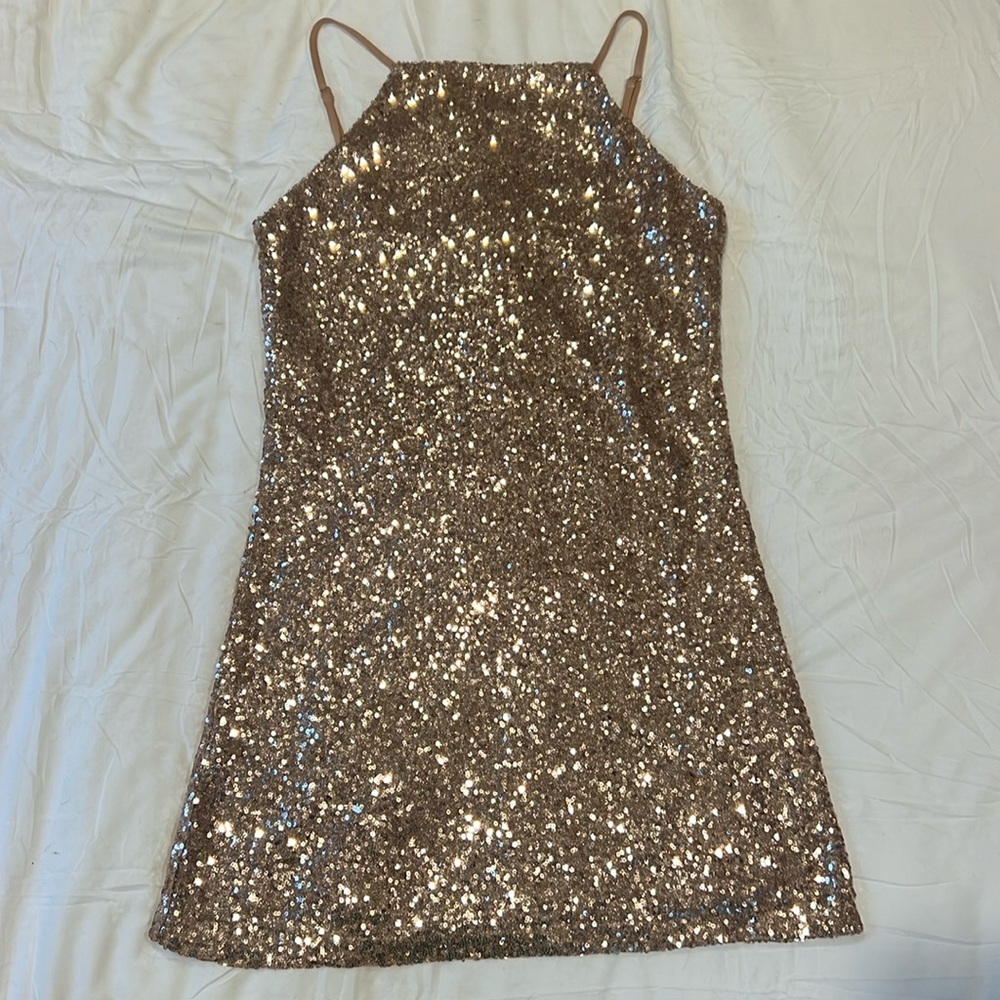 Lulu’s Rose Gold Sparkle Mini Dress